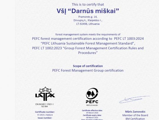 Išduotas I-asis PEFC grupės miško valdų sertifikatas